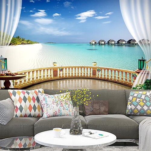 

3D Mural Scenery Window Sea View Suitable For Hotel Living Room Bedroom Canvas Material Self adhesive Wallpaper Wall Cloth Room Wallcovering Art Deco