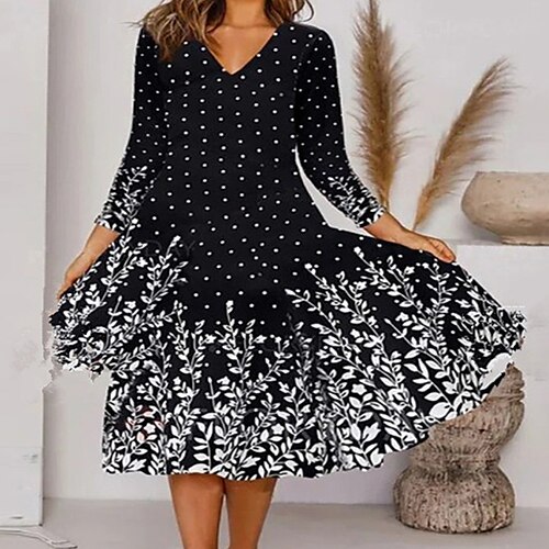 

vestido casual de mujer vestido de una línea vestido hasta la rodilla negro manga larga estampado floral invierno otoño cuello en v elegante vestido de invierno fin de semana otoño vestido suelto