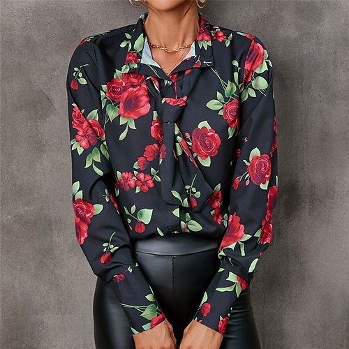 

Women's Blouse Floral Casual Daily Work Blouse Shirt Long Sleeve Print Standing Collar Elegant Black S