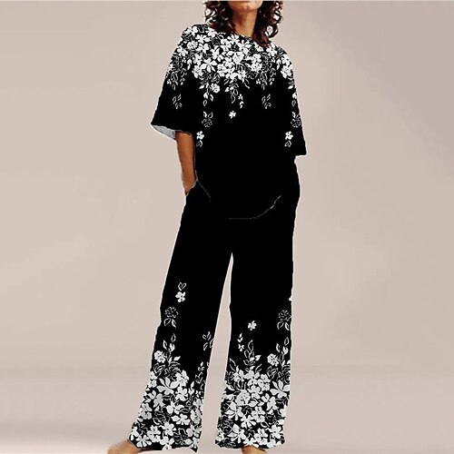 

Women's Loungewear Sets Nighty 2 Pieces Flower Fashion Comfort Home Street Cotton Spandex Jersey Crew Neck Short Sleeve T shirt Tee Pant Spring Summer Blue Purple