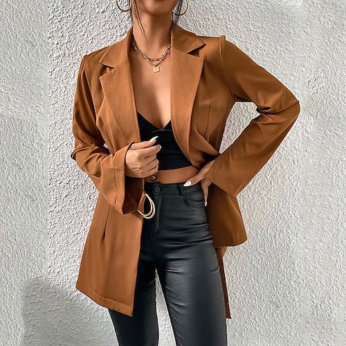 

Women's Blazer Warm Breathable Outdoor Office Work Pocket Cardigan Turndown Fashion Elegant Formal Modern Solid Color Regular Fit Outerwear Long Sleeve Winter Fall Brown S M L XL