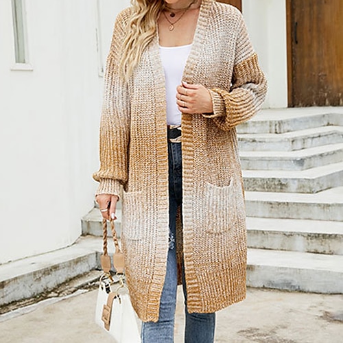 

Women's Cardigan Sweater Jumper Ribbed Knit Knitted Color Gradient Open Front Stylish Casual Outdoor Daily Winter Fall Khaki Black S M L / Long Sleeve / Holiday / Regular Fit / Going out