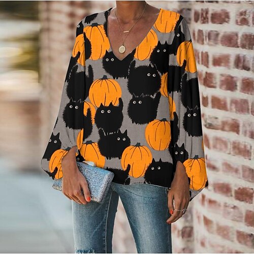 

Women's Blouse Graphic Animal Casual Daily Holiday Blouse Long Sleeve Print V Neck Casual Green Black Yellow S / 3D Print