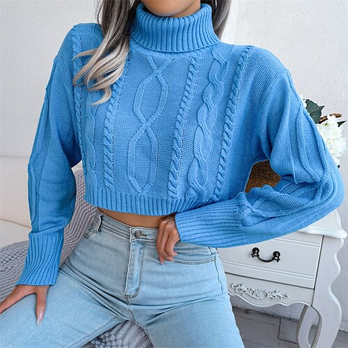 

Women's Pullover Sweater Jumper Cable Knit Cropped Knitted Pure Color Turtleneck Stylish Casual Daily Holiday Fall Winter White Blue S M L / Long Sleeve