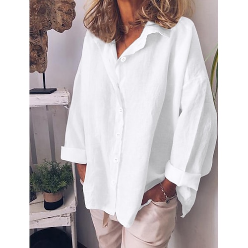 

Women's Blouse Plain Daily Weekend Blouse Shirt Long Sleeve Button Shirt Collar Casual Streetwear Green White Blue S