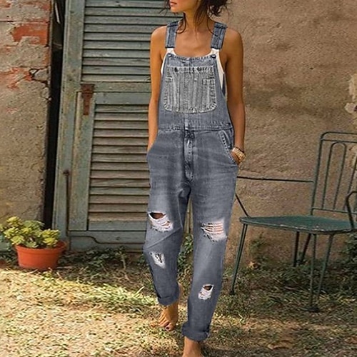 

Women's Overall Pocket Ripped Solid Color Square Neck Casual Street Daily Regular Fit Sleeveless Green Blue Gray S M L Fall