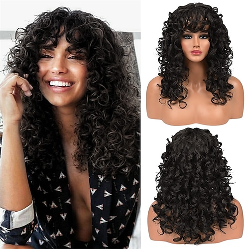 

Eddie Munson Wig Curly Wig with Bangs for Women-LONAI Long 23Inch Chocolate Brown Kinky Wigs with Wispy Bangs Curly Gorgius Shag Synthetic Wig for Daily Use Party Cosplay