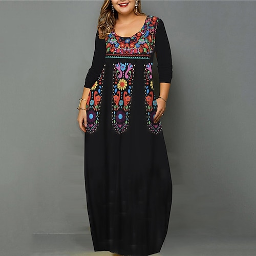 

Women's Plus Size Casual Dress Floral U Neck Long Sleeve Fall Winter Casual Vintage Maxi long Dress Causal Daily Dress / 3D Print