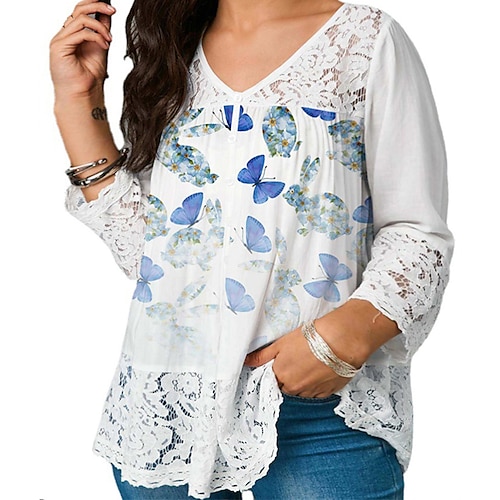 

Women's Plus Size Tops T shirt Tee Butterfly Lace Print 3/4 Length Sleeve V Neck Streetwear Daily Vacation Polyester Fall Spring White