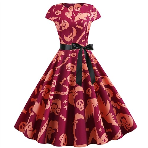 

Vestido de noche de brujas de línea a para mujer, vestido oscilante hasta la rodilla, vestido rojo de manga corta, estampado de lazo de esqueleto de calavera abstracto, Otoño Invierno, cuello