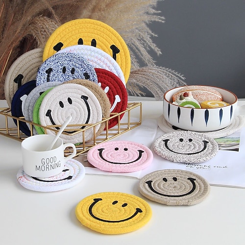 

Cotton Thread Placemats Hand-woven Mats Heat-resistant Coasters Cute Smiley Non-slip Placemats Table Mats Kitchen Placemats Cotton Thread Woven Cotton Rope Dining Table Mats Bowl Mats