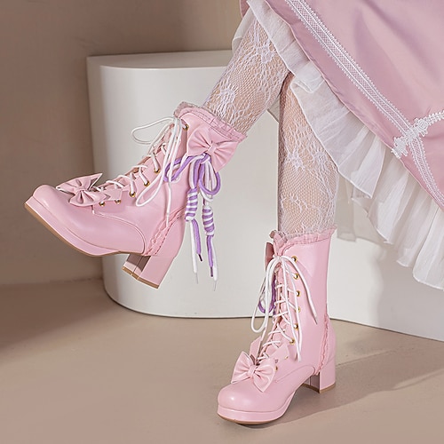 

Girls' Boots Princess Shoes Daily PU Princess Shoes Big Kids(7years ) Party Daily Buckle Lace-up White Black Rosy Pink Fall Winter / Mid-Calf Boots