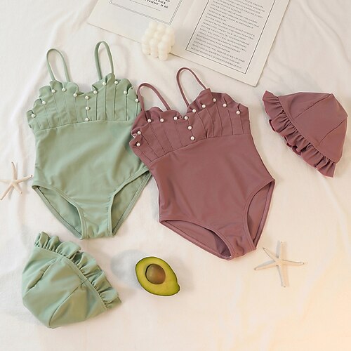 

Kids Girls' Swimwear One Piece Swimsuit Swimwear Solid Colored Sleeveless Green Wine Outdoor Beach Active Cute Bathing Suits 2-8 Years
