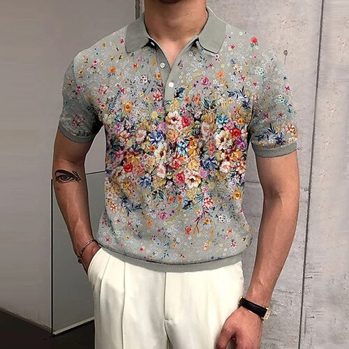 

Men's Collar Polo Shirt Golf Shirt Floral Turndown Blue Purple Silver Gray 3D Print Outdoor Street Short Sleeves Button-Down Print Clothing Apparel Fashion Casual Breathable / Summer / Spring
