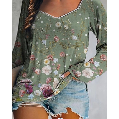 

Women's Plus Size Tops T shirt Tee Floral Print Long Sleeve V Neck Streetwear Daily Vacation Polyester Fall Spring Green Gray