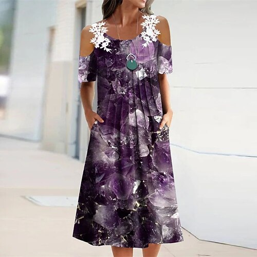 

Women's Casual Dress A Line Dress Midi Dress Blue Purple Short Sleeve Floral Lace Pocket Cold Shoulder Spring Summer Cold Shoulder Casual Modern Mature Loose 2022 S M L XL XXL 3XL 4XL 5XL / Print