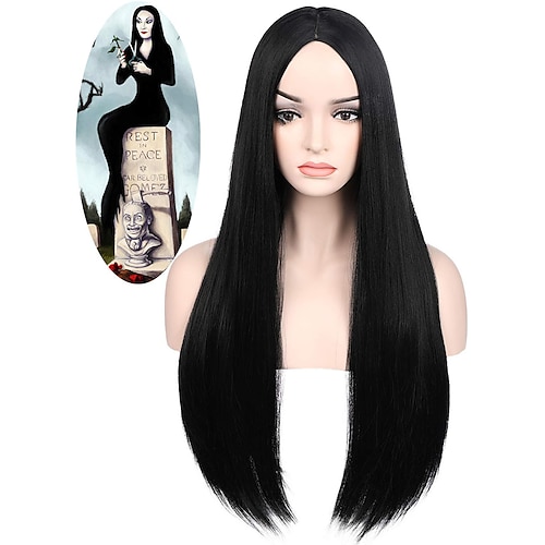 

Addams Wig Costume Women Long Black Straight Hair Wig Natural Wigs for Addams Family Morticia Cosplay Halloween P087BK