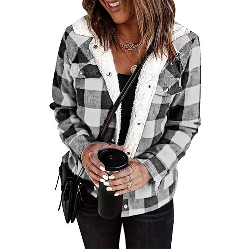 

Women's Teddy Coat Windproof Warm Outdoor Street Daily Vacation Pocket Single Breasted Lapel Modern Street Style Shacket Plaid Regular Fit Outerwear Long Sleeve Winter Fall Green Black Blue S M L XL