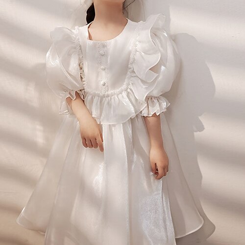 

Kids Little Girls' Dress Solid Colored A Line Dress Daily Ruffle White Midi 3/4 Length Sleeve Princess Sweet Dresses Summer Regular Fit 1pcs 3-12 Years