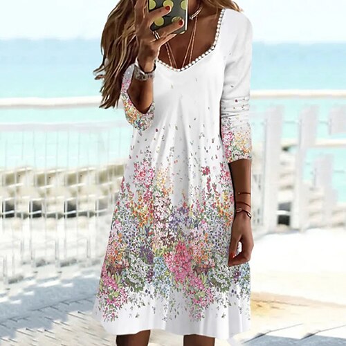 

Women's A Line Dress Knee Length Dress White Light Blue Long Sleeve Floral Color Gradient Print Fall Winter V Neck Casual Loose 2022 S M L XL XXL