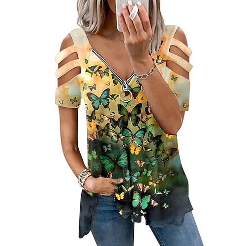 

Women's Blouse Floral Graphic Butterfly Casual Weekend Blouse Long Sleeve Cold Shoulder Print V Neck Basic Blue Yellow Fuchsia S / 3D Print