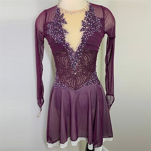 

Figure Skating Dress Women's Girls' Ice Skating Dress Black Purple Rosy Pink Thumbhole Spandex High Elasticity Training Competition Skating Wear Handmade Crystal / Rhinestone Long Sleeve Ice Skating