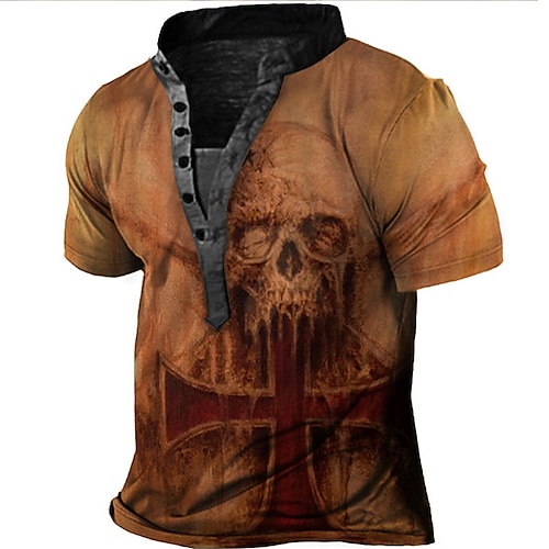 

Men's T shirt Tee Henley Shirt Tee 3D Print Graphic Skull Plus Size Stand Collar Daily Sports Button-Down Print Short Sleeve Tops Designer Basic Casual Big and Tall Brown / Summer