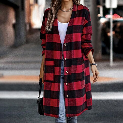

Women's Coat Casual Daily Street Style Shacket Pocket Button Street Daily Vacation Going out Coat Polyester Long Black Pink Khaki Fall Winter Single Breasted V Neck Regular Fit S M L XL