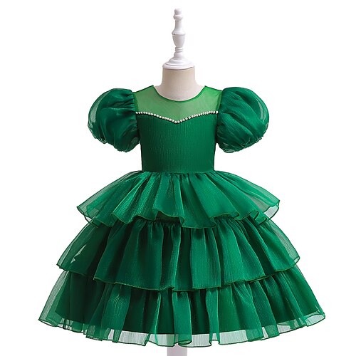 

Kids Girls' Dress Solid Colored Knee-length Dress Party Puff Sleeve Short Sleeve Cute Dress 3-10 Years Green Pink Wine