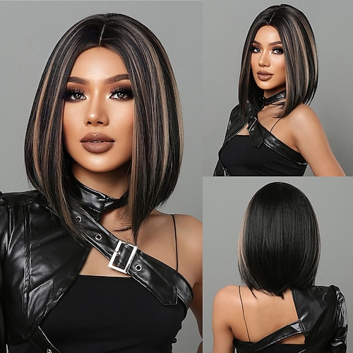

Synthetic Wig kinky Straight Middle Part Machine Made Wig Black / Blonde 14 inch Black Synthetic Hair Women's Black / Blonde