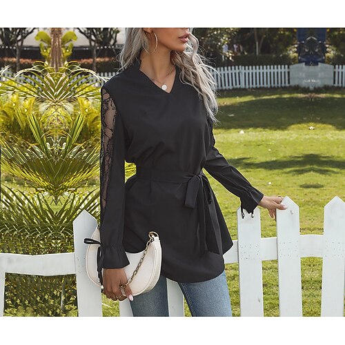 

Women's Shirt Plain Daily Weekend Shirt Long Sleeve Lace Patchwork V Neck Casual Streetwear Black S