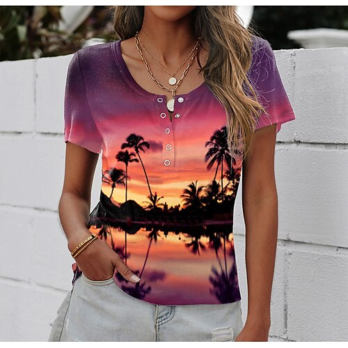 

Women's T shirt Tee Scenery 3D Casual Weekend 3D Printed Painting T shirt Tee Short Sleeve Print Round Neck Basic Purple S