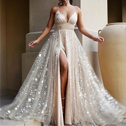 

Women's Party Dress Sequin Dress Swing Dress Long Dress Maxi Dress White Sleeveless Pure Color Sequins Spring Summer Spaghetti Strap Party Slim 2022 S M L XL