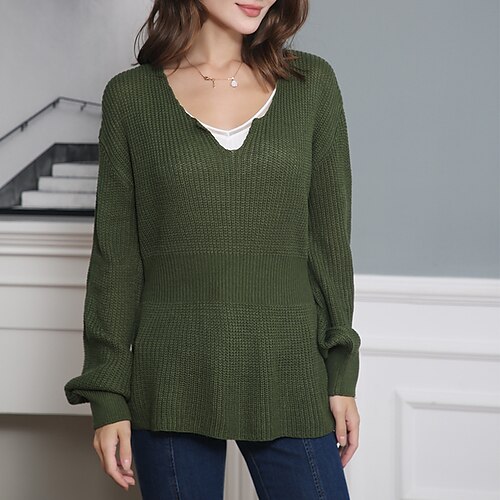 

amazon's new hot selling hot sweater european and american fashion women's long-sleeved v-neck waist loose knitted pullover