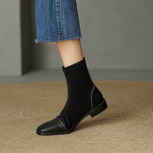 

Women's Boots Booties Ankle Boots Chunky Heel Square Toe Minimalism Daily Work PU Leather Elastic Fabric Loafer Fall Winter Solid Colored Almond Black