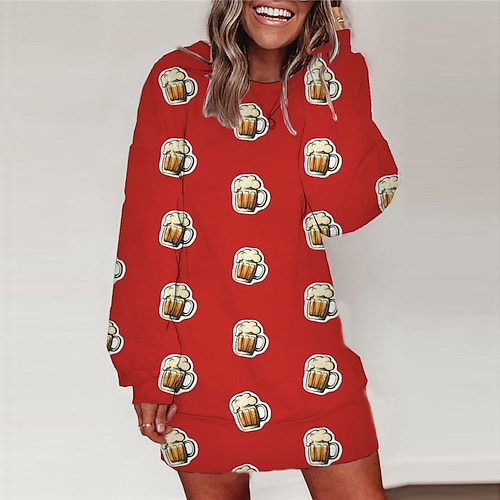 

Women's Shift Dress Short Mini Dress Red Long Sleeve Print Print Fall Winter Round Neck Casual 2022 S M L XL XXL 3XL