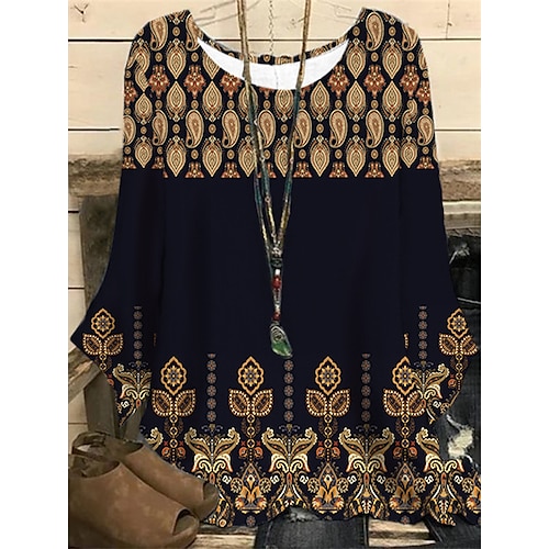 

Women's Plus Size Tops Blouse Shirt Floral Graphic Print Long Sleeve Round Neck Casual Daily Vacation Polyester Fall Winter Black Navy Blue