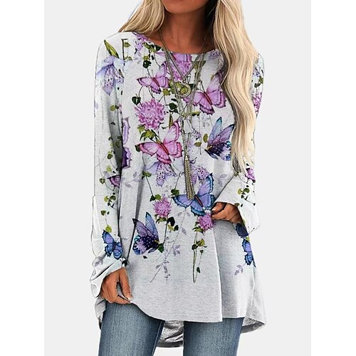 

Women's T shirt Tee Butterfly Casual Daily Butterfly T shirt Tee Long Sleeve Print Round Neck Basic White S / 3D Print