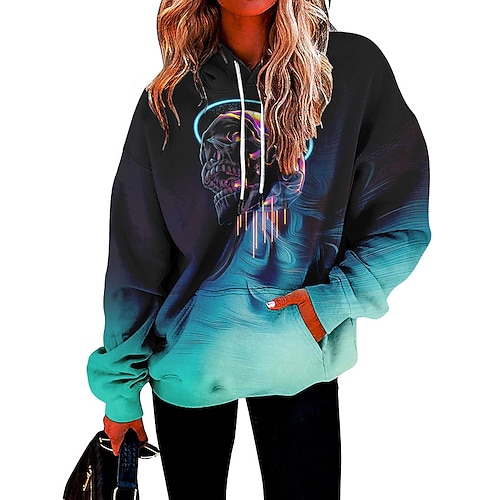 

Damen Hoodie Sweatshirt Kapuze Zur Seite fahren Strassenmode Casual Bedruckt Blau Totenkopf Motiv Lockere Passform Täglich Mit Kapuze Langarm