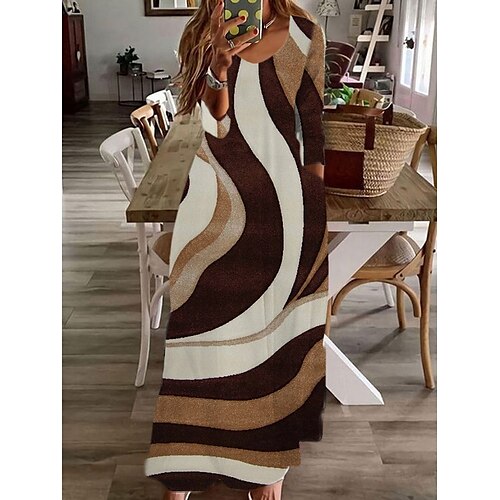 

robe longue Femme Robe casual manche longue Hiver Automne - basique Imprimer Col Ras du Cou robe hiver robe automne Coton Ample 2022 Bleu Marron 2XS XS S M L XL XXL 3XL 4XL 5XL