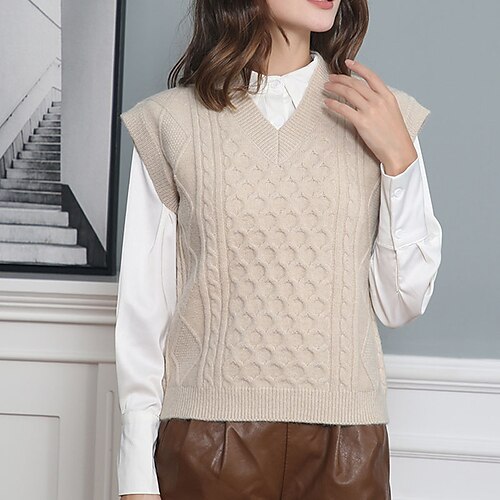 

Women's Sweater Vest Jumper Cable Knit Knitted Solid Color V Neck Stylish Casual Daily Date Fall Winter Black Blue S M L / Sleeveless