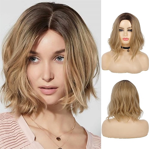 

Ombre Blonde Bob Wig Short Natural Wavy Middle Part Synthetic Dark Roots Cosplay Wigs for Women
