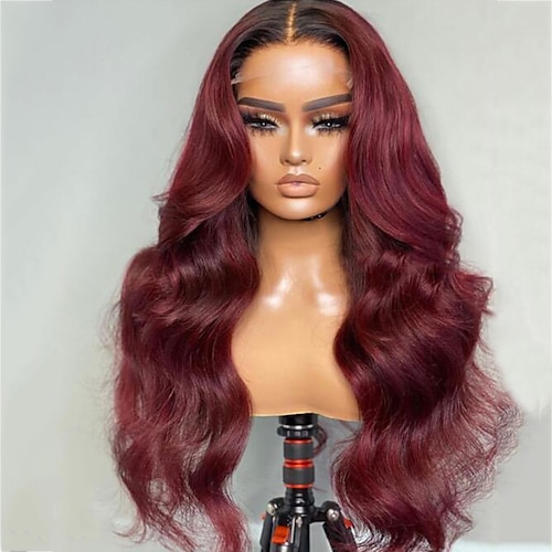 

Remy Human Hair 13x4 Lace Front Wig Free Part Brazilian Hair Body Wave Wavy Burgundy Wig 130% 150% Density with Baby Hair Highlighted / Balayage Hair Natural Hairline 100% Virgin Pre-Plucked For