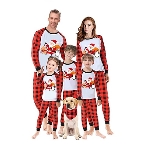 

Christmas Pajamas Ugly Family Set Plaid Santa Claus Christmas Pattern Indoor White Long Sleeve Mom Dad and Me Mom Dad and Me Daily Matching Outfits