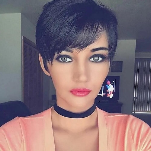 

Pixie Short Cut Bob Wig with Bangs Brazilian Straight Wigs 100% Human Hair Wig for Black Women Pink Color Full Machine Made Wigs