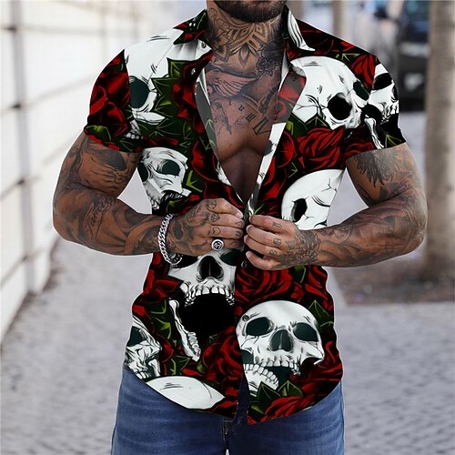 

Men's Shirt Graphic Shirt Skull Rose Turndown Green Blue Gold Wine Red 3D Print Outdoor Halloween Short Sleeves Button-Down Print Clothing Apparel Fashion Designer Casual Breathable