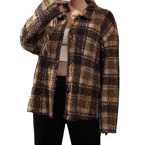 

Women's Plus Size Teddy Coat Pocket Plaid Causal Vacation Long Sleeve Turndown Regular Fall Winter Brown L XL XXL 3XL 4XL