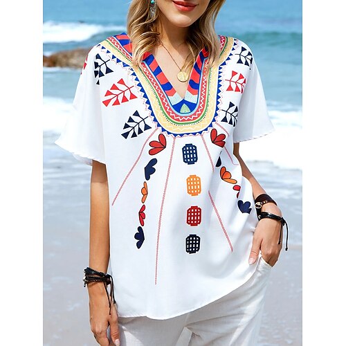 

Women's T shirt Tee Graphic Patterned Casual Weekend Bohemian Theme T shirt Tee Long Sleeve Print V Neck Boho White S