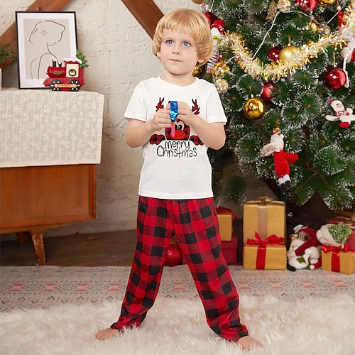 

2 Pieces Kids Unisex Christmas Clothing Set Outfit Plaid Letter Deer Long Sleeve Print Set Indoor Daily Casual Fall Spring 2-8 Years White