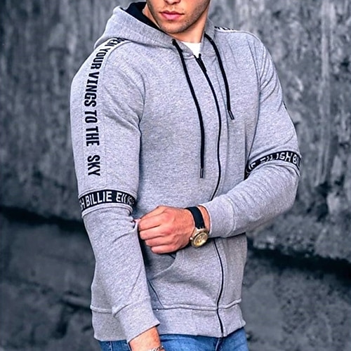 

Men's Full Zip Hoodie Jacket Hooded Graphic Letter Zipper Pocket Print Daily Holiday Going out Hot Stamping Streetwear Casual Hoodies Sweatshirts Long Sleeve Light Grey